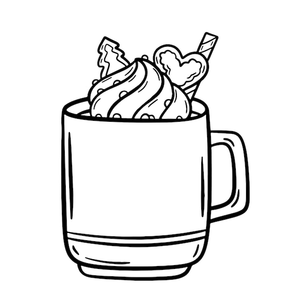 Tazza di Natale con cioccolata calda o caffè con panna montata e involtini di cialde Illustrazioni vettoriali in stile cartone animato Pagina da colorare di gustosa bevanda calda per la stampa