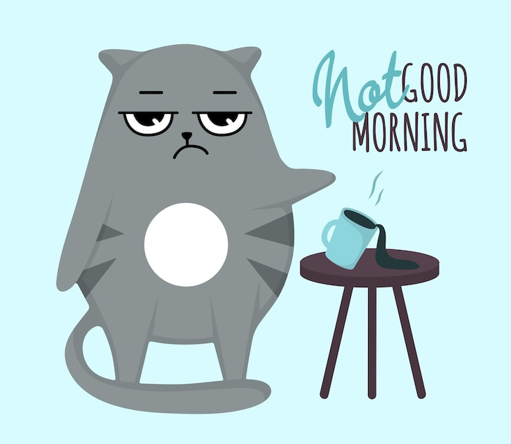 Vettore tazza di rottura del gatto scontroso. non buongiorno
