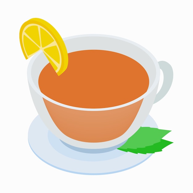 Tazza di tè con icona di menta e limone in stile isometrico 3d su sfondo bianco