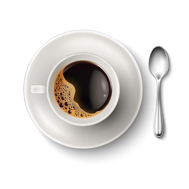 Tazza realistica di vettore di caffè caldo con bolle di schiuma sulla vista dall'alto del cucchiaio del piattino