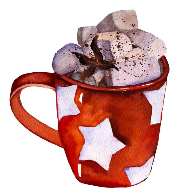 tazza rossa con stelle. una tazza di cacao con marshmallow. bevanda di natale