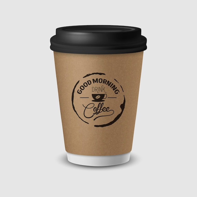 Tazza usa e getta di carta marrone realistica vettoriale 3d con coperchio nero isolato su sfondo bianco Frase di citazione di tipografia sul caffè Illustrazione vettoriale d'archivio Modello di progettazione Vista frontale