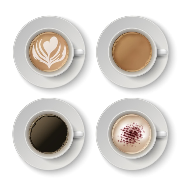 Tazze da caffè Realistico latte espresso o cappuccino Tazze bianche 3D e piattino con bevanda calda Caffeina bevande disegni su schiuma di latte Menu modello decorazione set barista vettoriale