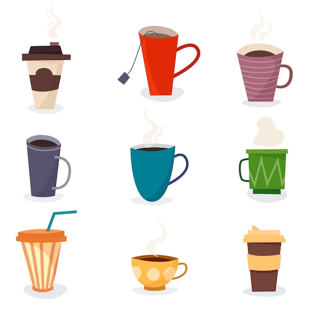 Tazze per set da tè e caffè Illustrazione vettoriale in stile cartone animato piatto
