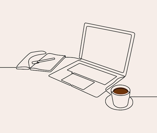 Tazzina da caffè libro e laptop oneline continua singola linea modificabile art