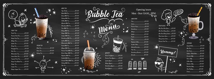 Vettore tè al latte a bolle tè a latte alla perla diversi tipi di bevande boba yummy