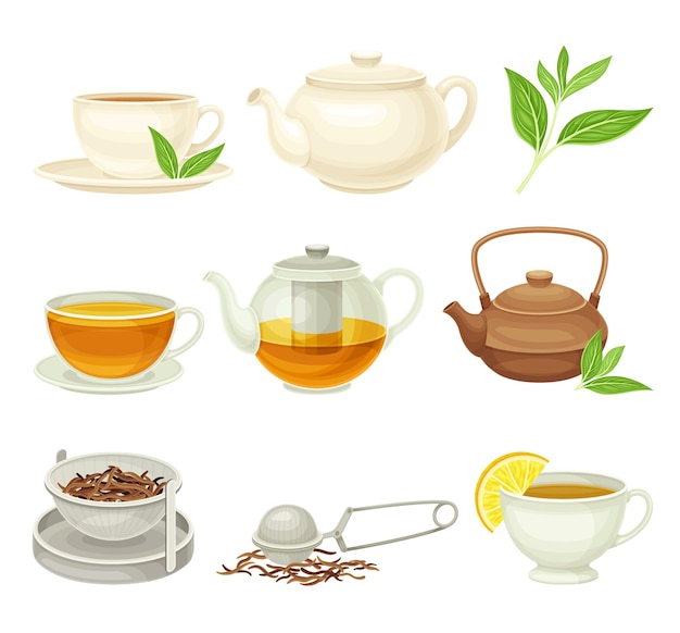 Tè come preparazione di bevande aromatiche calde preparato in teiera e versato in tazza Vector Set