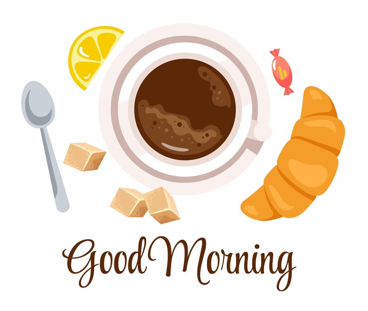 Vettore tè della tazza di caffè con il concetto di prima colazione di buongiorno di vista superiore del panino del panino del croissant dell'alimento dolce
