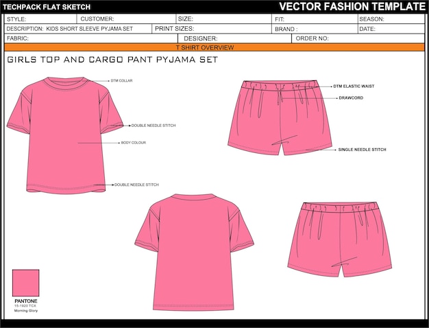 TEA PYJAMA a maniche corte per bambini CAD EDITABLE FLAT TECHNICAL FASHION SCHETCH VECTORcdr