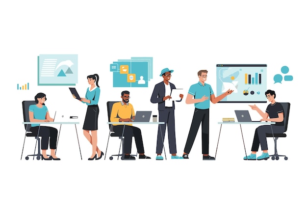 Team aziendale che collabora all'analisi dei dati e alla pianificazione del progetto nell'illustrazione vettoriale dell'ufficio