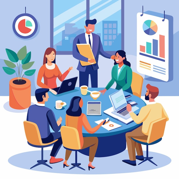 Team aziendale che si riuniscono attorno a un tavolo per discutere idee e lavorare su un progetto