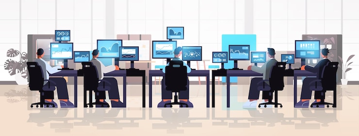 Vettore team di trader mediatori del mercato azionario che analizzano grafici grafici e tassi sui monitor dei computer sui luoghi di lavoro illustrazione vettoriale orizzontale a figura intera interni interni moderni