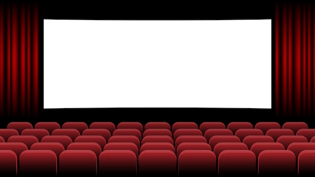 Teatro cinematografico con schermo vuoto e illustrazione vettoriale del sedile rosso