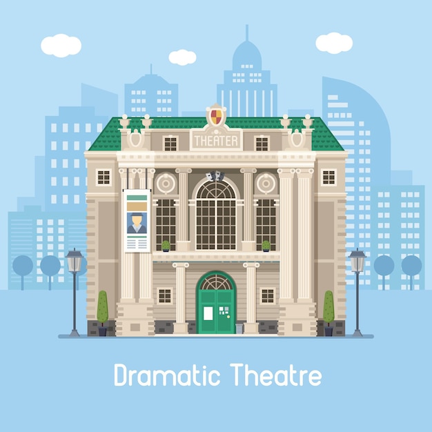 Teatro drammatico edificio sullo sfondo della città moderna. Illustrazione di vettore di concetto di teatro musicale nella progettazione piana. Punto di riferimento della cultura e dell'intrattenimento della città con la facciata del monumento storico.