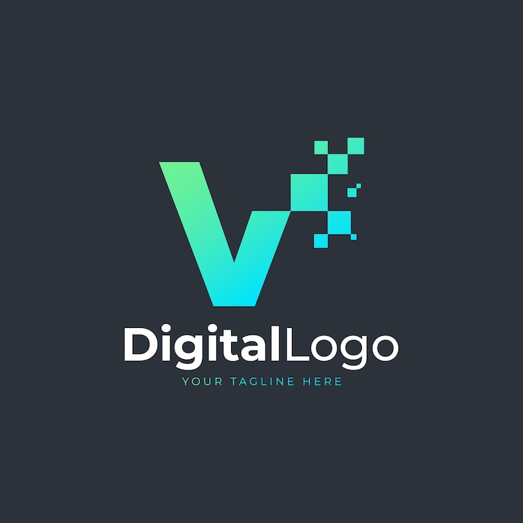 Vettore tech letter v logo forma geometrica blu e verde con loghi con tecnologia square pixel dots