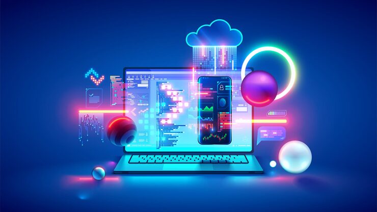 Vettore technology of software development web design programming concept program code on screen laptop phone code of program data interface elements on screen laptop software development tech banner