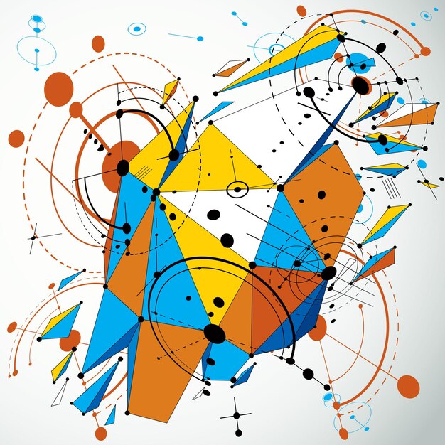 Tecnologia 3d disegno vettoriale con oggetto geometrico demolito low poly e wireframe, carta da parati tecnica completata da elementi Bauhaus. Da utilizzare come poster pubblicitario o design di banner.