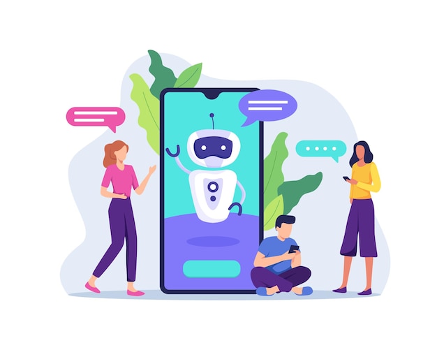 Tecnologia ai con chat bot che riceve i messaggi dei client. Marketing futuro, bot intelligente di intelligenza artificiale online che parla per aiutare il cliente. in uno stile piatto