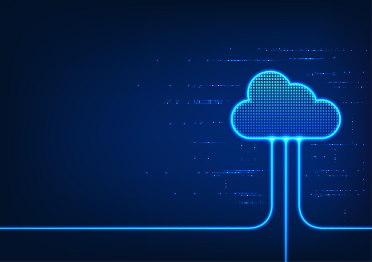 Vettore tecnologia cloud con linee luminose che mostrano il trasferimento di dati digitali e i dati