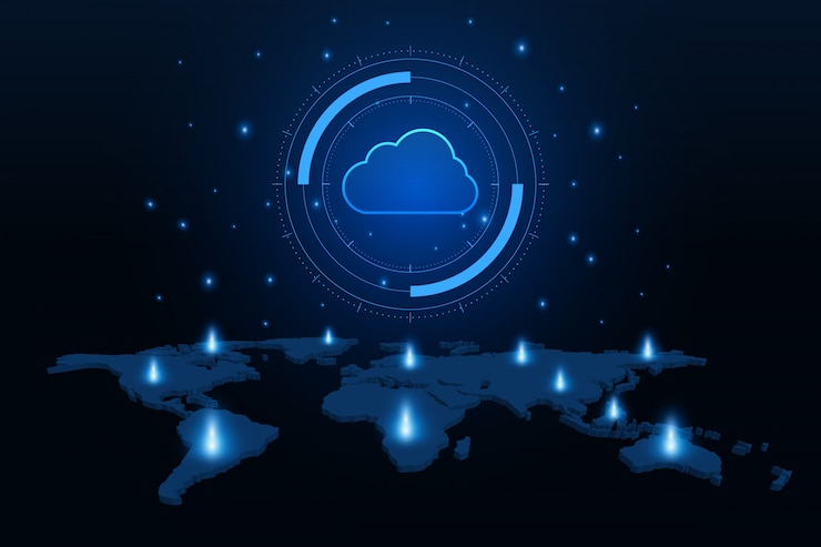Vettore tecnologia cloud moderna futuristica, archiviazione online, lavoro da casa