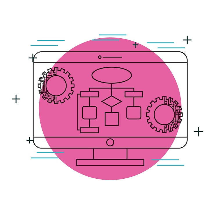 Vettore tecnologia degli ingranaggi del diagramma del monitor del computer