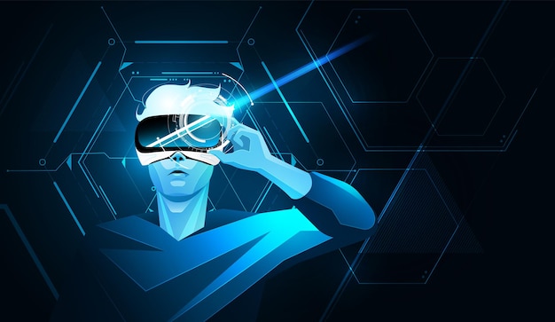 Tecnologia del mondo cibernetico digitale Metaverse Uomo con occhiali per realtà virtuale illustrazione vettoriale