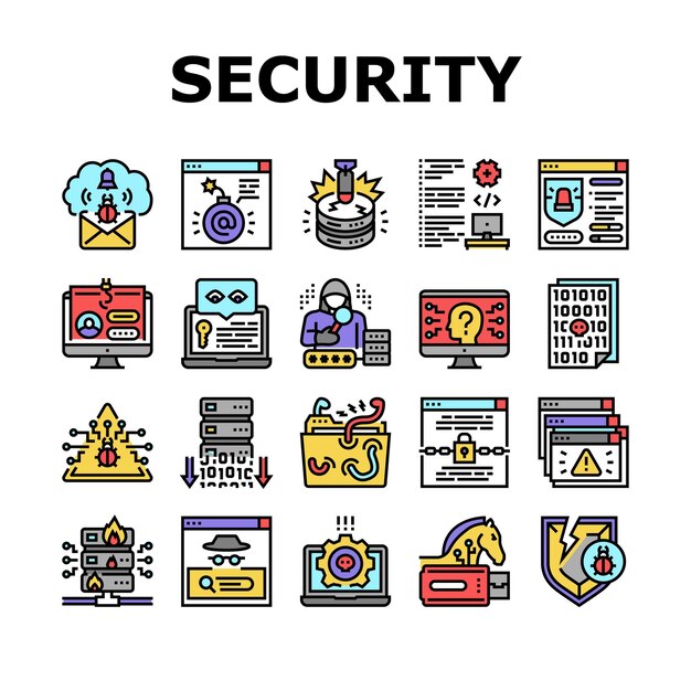 Tecnologia del sistema di sicurezza informatica Icon Set Vector