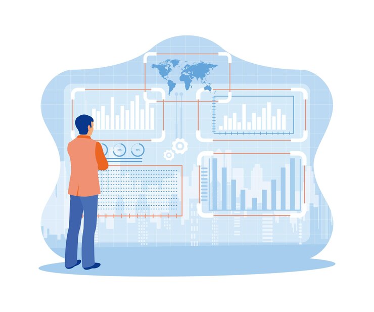 Vettore tecnologia di business intelligence utilizzazione di software per l'analisi di grafici di marketing aziendale.