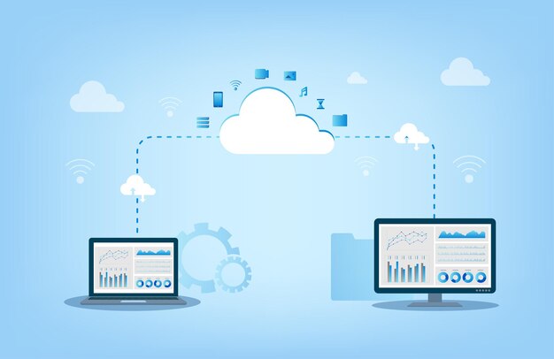 Tecnologia di cloud computing con icone cloud e illustrazione vettoriale del dispositivo digitale