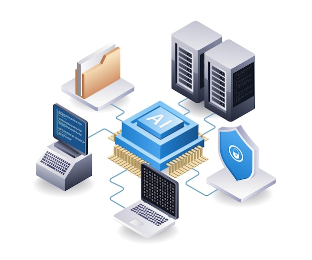 Tecnologia di intelligenza artificiale controlla la sicurezza del server cloud illustrazione 3D isometrica piatta