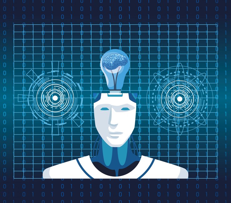 Vettore tecnologia di intelligenza artificiale cyborg con cervello in scena lampadina vr
