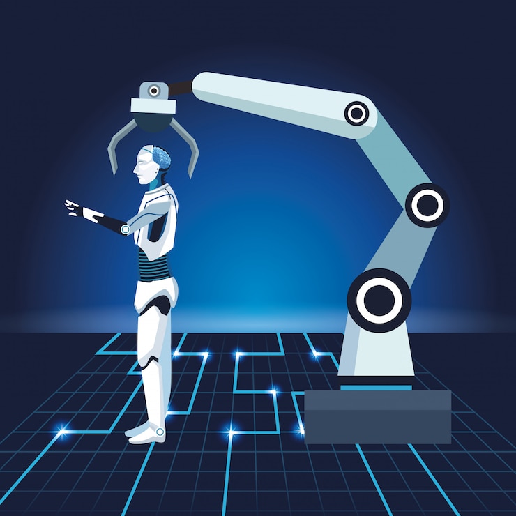 Vettore tecnologia di intelligenza artificiale produzione robotizzata di cyborg a braccio