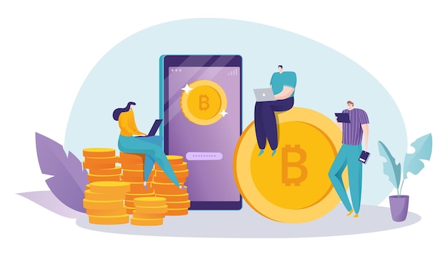 Tecnologia di pagamento criptovaluta bitcoin sistema bancario finanziario applicazione smartphone online piatto vettore illustrazione isolato su bianco