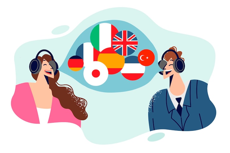 Vettore tecnologia di traduzione simultanea per uomo e donna che utilizzano cuffie e traduttore per comunicare