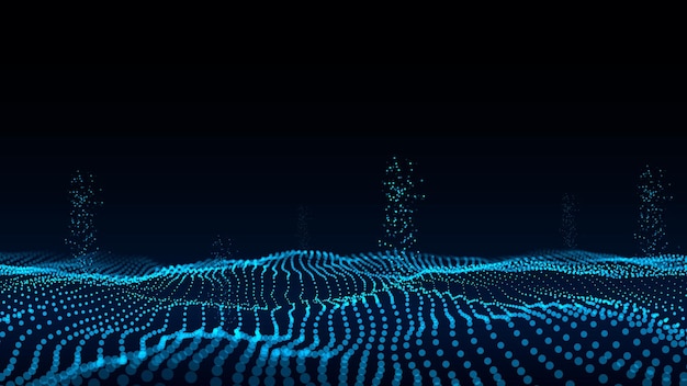 Tecnologia digitale vettoriale ondata Ciberspazio oscuro con punti e linee in movimento Sfondi digitali futuristici Analisi di grandi dati