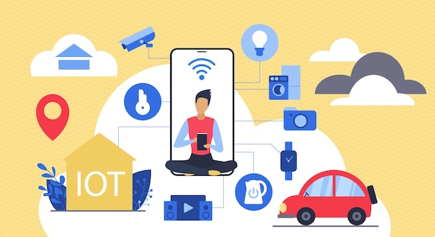 Tecnologia e infrastruttura di rete IOT persona piccola con sistema di app per la casa intelligente