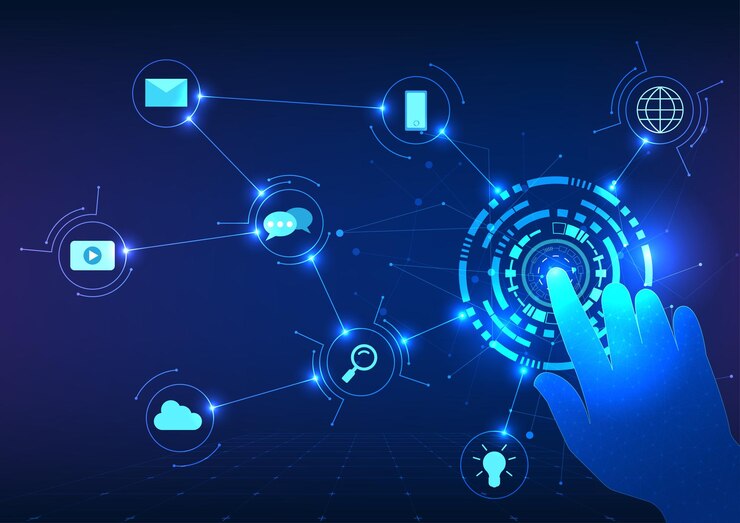 Vettore tecnologia intelligente tecnologia di pressione a mano pulsante di segno con icone tecnologia intelligente