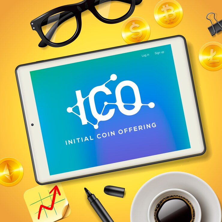 Vettore tecnologia internet aziendale per l'offerta iniziale di monete ico. concetto su uno schermo del dispositivo tablet, illustrazione.