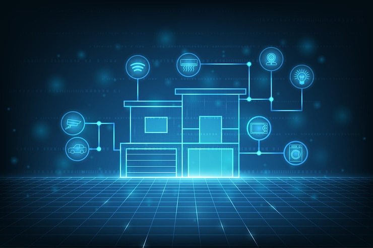 Vettore tecnologia per la casa intelligente vettoriale tecnologia internet concettuale e sistema di automazione domestica