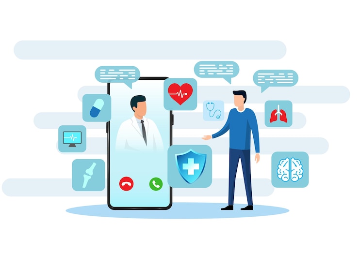Vettore tecnologia sanitaria i pazienti fanno videochiamate con i medici tramite smartphone si riferisce alla tecnologia