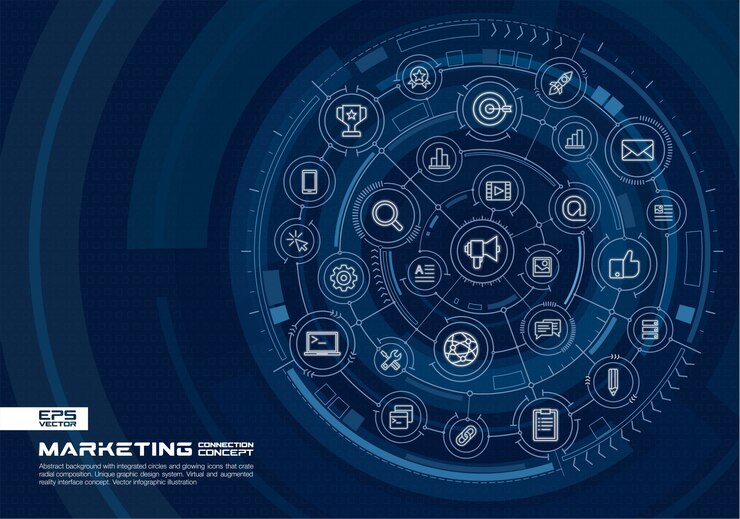 Vettore tecnologia sfondo astratto. sistema di connessione digitale con cerchi integrati, icone luminose a linea sottile. concetto di interfaccia di realtà virtuale aumentata. futura illustrazione infografica