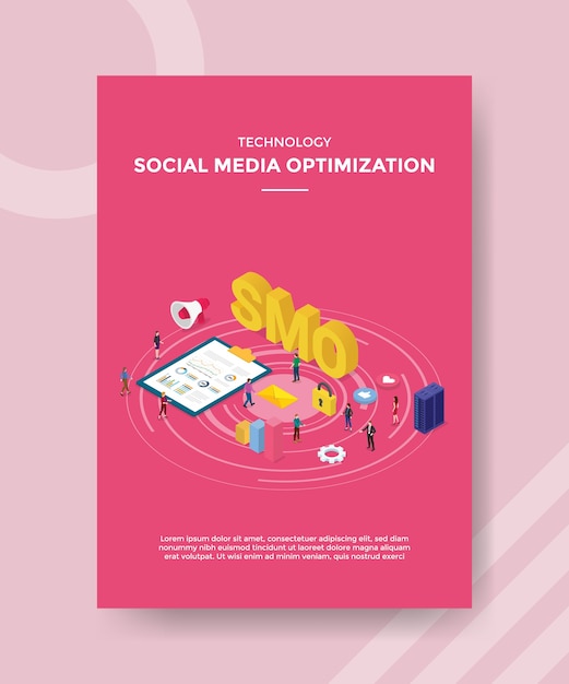 Tecnologia social media ottimizzazione persone in piedi scheda grafico server testo SMO per modello di banner e flyer