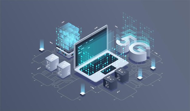 Tecnologia wireless di rete 5G. Rete di comunicazione, illustrazione isometrica di affari.