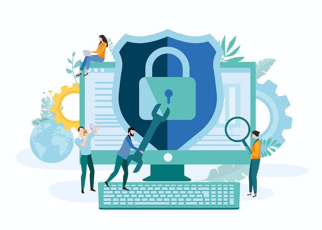 Tecnologie online Sicurezza IT e Internet Pagina di destinazione o modello di presentazione con persone e computer Stile piatto di sfondo vettoriale