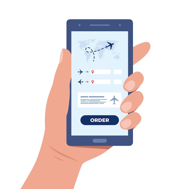 Telefono a mano con biglietti aerei concetto di prenotazione online Acquisto di biglietti