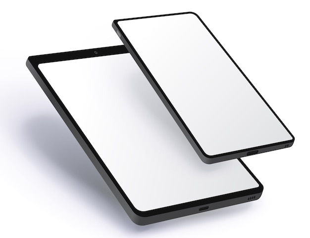 Telefono cellulare e computer tablet realistici con vista prospettica