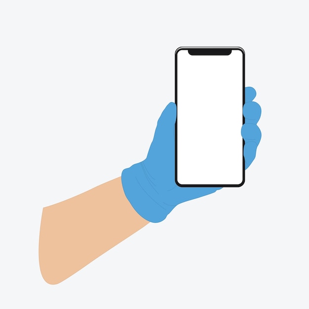 Telefono cellulare nella mano di un uomo mano in un guanto di gomma medica pelle chiara