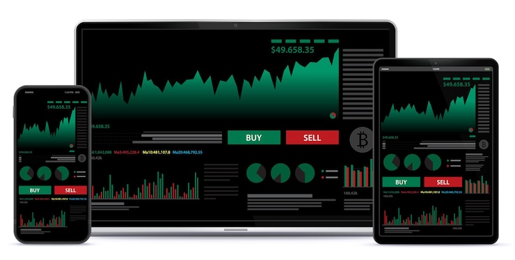 Telefono cellulare Tablet PC e computer portatile con grafico di borsa e schermo finanziario