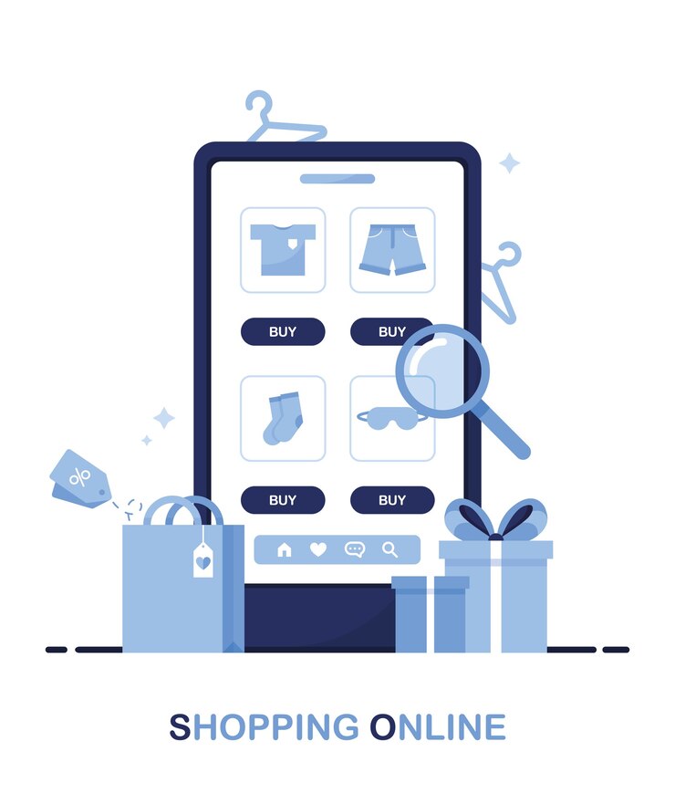 Telefono con un catalogo del negozio online con vestiti per la ricerca del prodotto nella pagina. Blu