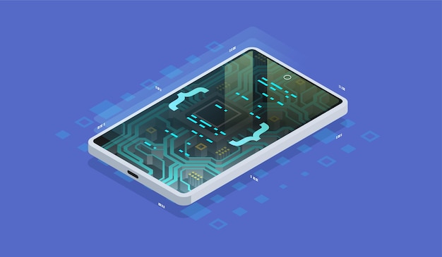 Telefono quantistico, elaborazione di big data, concetto di database. Chip digitale, hardware moderno dello smartphone, illustrazione isometrica.
